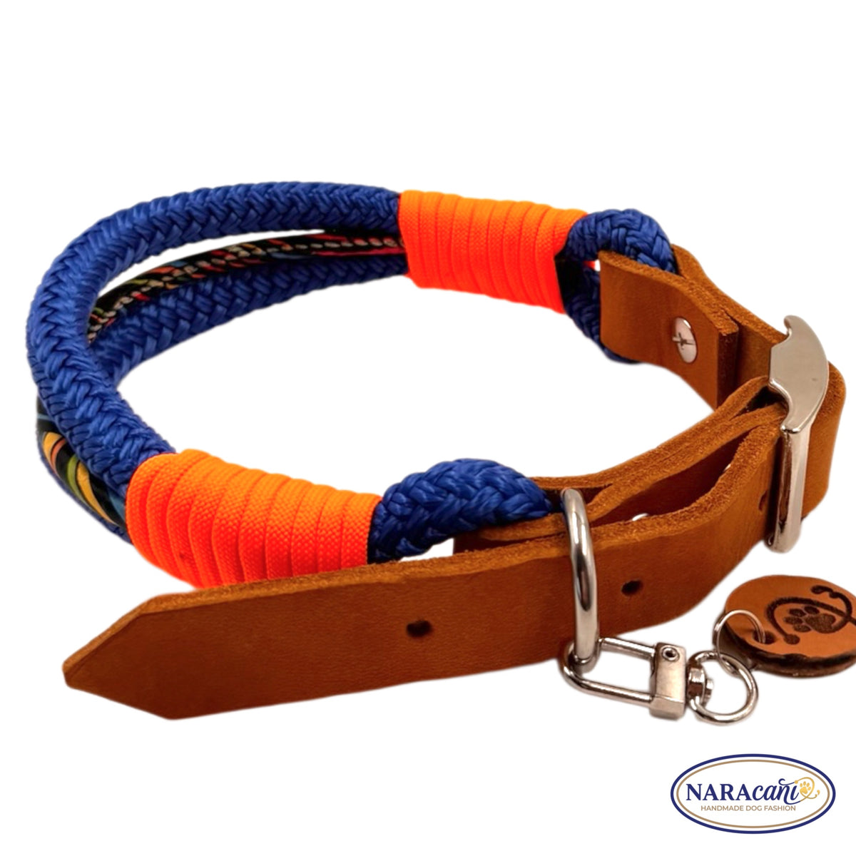 Sparset Hund Fettleder Cognac Electric-Blue Ocean Spark | Halsband & Multifunktionsleine im Set | NARAcani Handmade