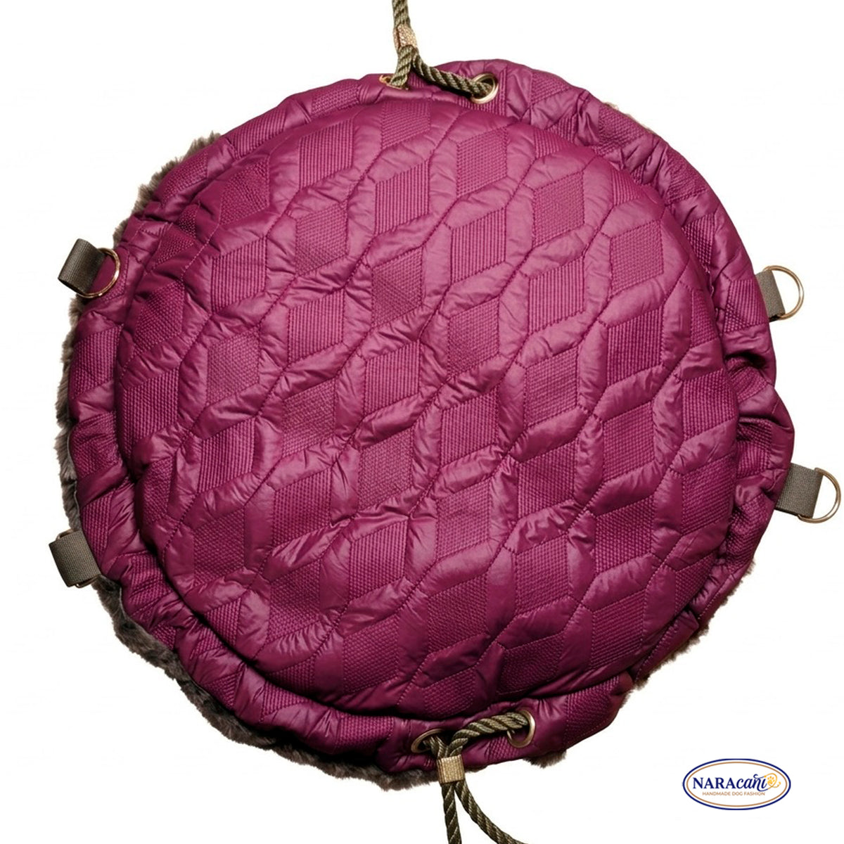 Hundetasche Rund Weinrot „Luna" 🐾 Kordelzug-Verschluss & Crossbody-Gurt 🐾 Khaki-Plüsch Gold-Hardware 🐾 NARAcani Handmade