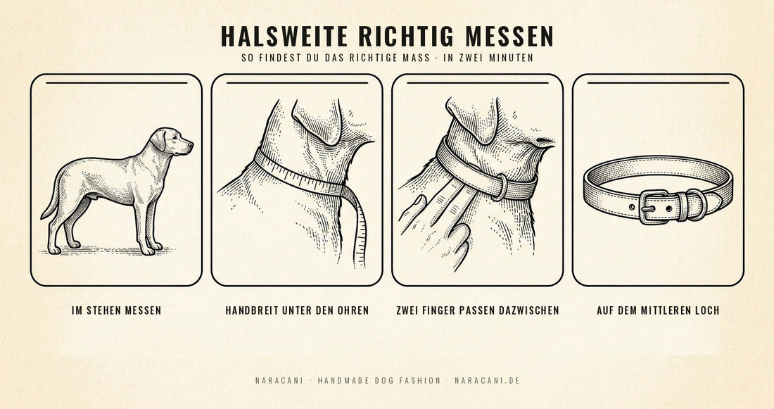 Infografik: Hund im Stehen messen, Maßband eine Handbreit unter den Ohren, zwei Finger Luft, mittleres von drei Löchern