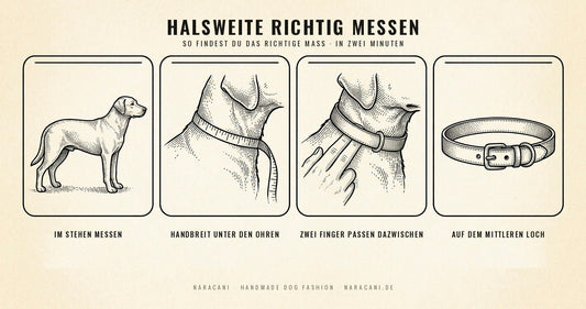 Infografik: Hund im Stehen messen, Maßband eine Handbreit unter den Ohren, zwei Finger Luft, mittleres von drei Löchern