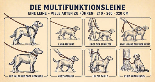 Führungsarten der NARAcani Multifunktionsleine: lang, kurz, über der Schulter, um die Taille, zwei Hunde, kurz angebunden