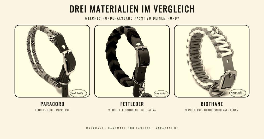 Vergleich der drei Halsband-Materialien von NARAcani: Paracord, Fettleder und BioThane nebeneinander
