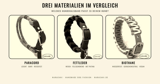 Vergleich der drei Halsband-Materialien von NARAcani: Paracord, Fettleder und BioThane nebeneinander