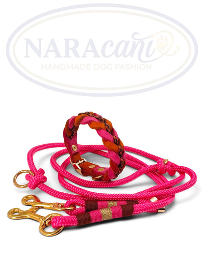 Sparset Pink-Cognac aus Halsband und Leine, Lederflechtung im Detail