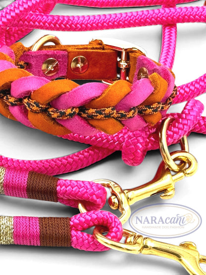 Set aus geflochtenem Fettleder-Halsband Pink-Cognac und Multifunktionsleine Fuchsia