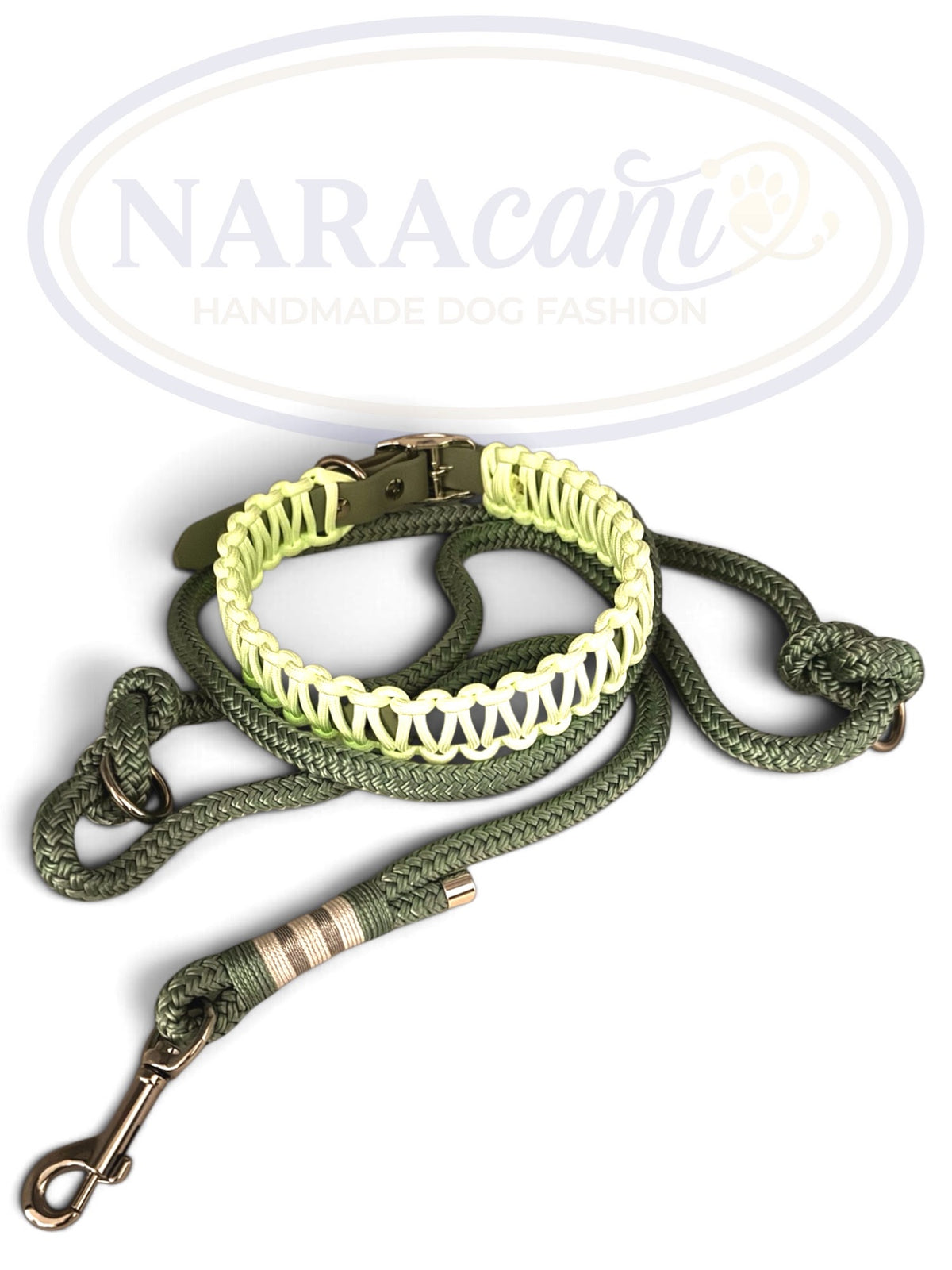 Set aus Biothane-Halsband in Seegras und Paracord-Multifunktionsleine, Gesamtansicht