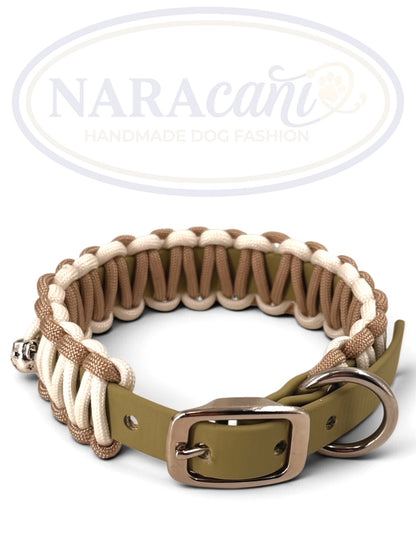 Biothane-Halsband in Guacamole mit beige-weißem Paracord-Cobraknoten, Gesamtansicht