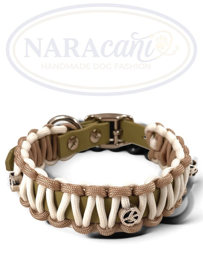 Cobraknoten-Flechtung in Beige-Weiß am Biothane-Halsband Guacamole, Nahaufnahme