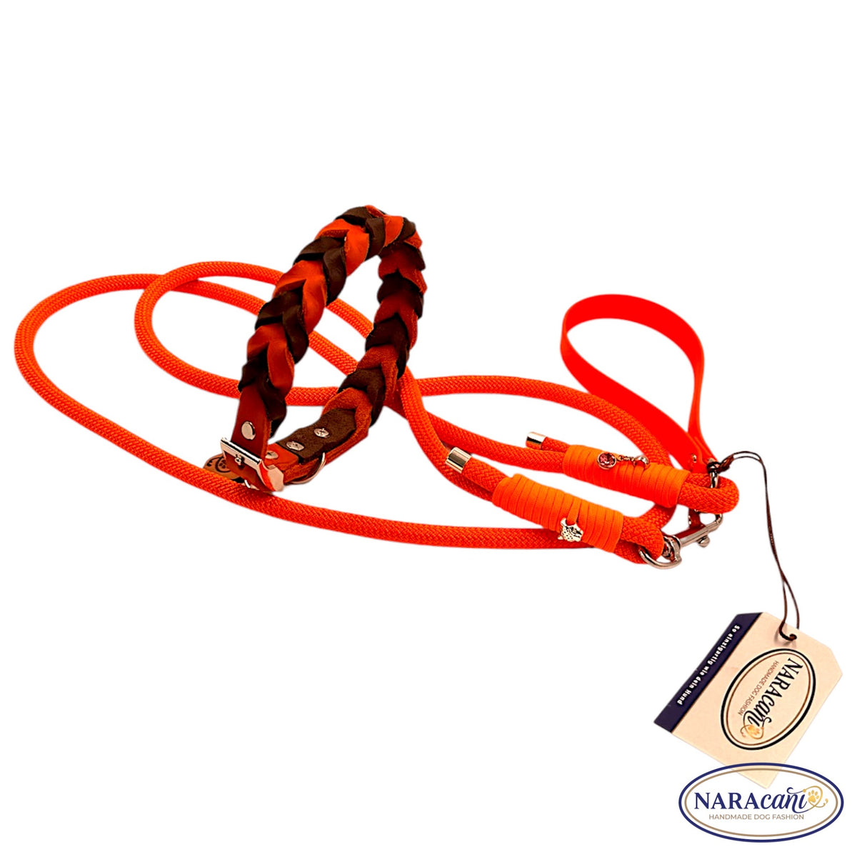 Sparset Dunkelbraun-Orange aus Halsband und Leine, Beschläge im Detail