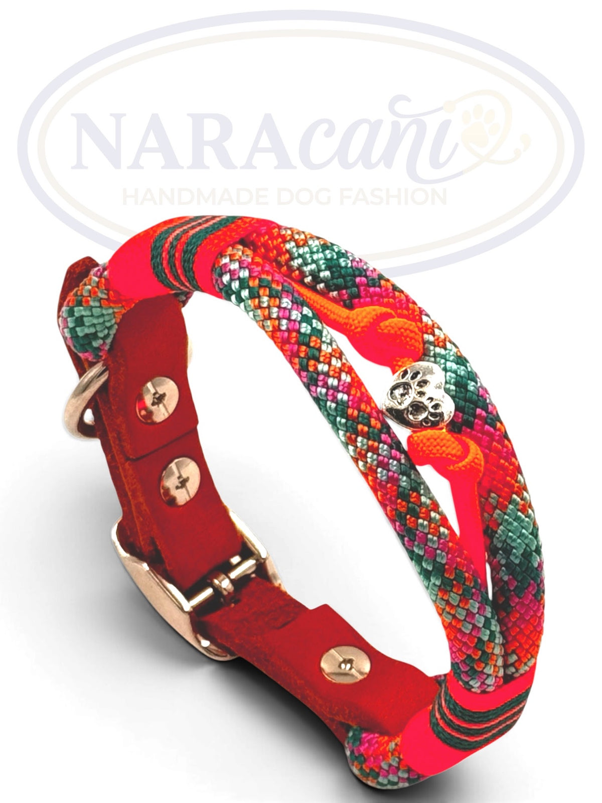 Paracord-Halsband im Bohemian-Muster mit Cognac-Leder-Adapter, Gesamtansicht