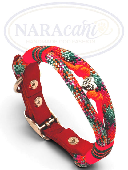 Paracord-Halsband im Bohemian-Muster mit Cognac-Leder-Adapter, Gesamtansicht