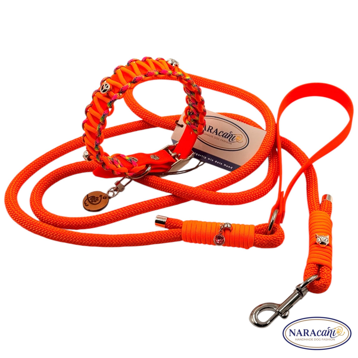Sparset Neonorange aus Halsband und Leine, silberfarbene Beschläge im Detail