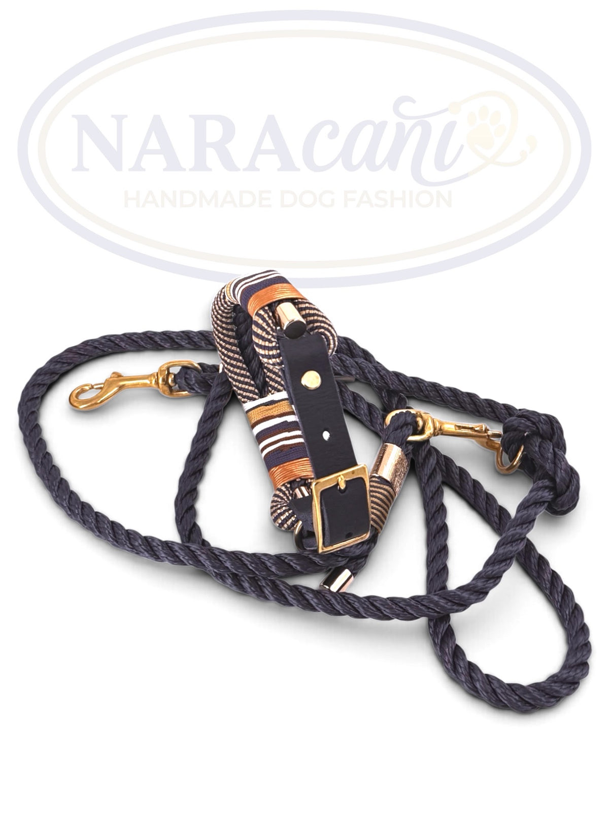 Set aus Paracord-Halsband Navy-Gold und Multifunktionsleine Marine, Gesamtansicht