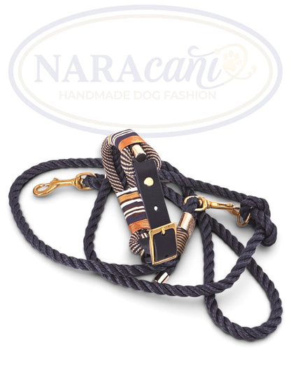 Set aus Paracord-Halsband Navy-Gold und Multifunktionsleine Marine, Gesamtansicht