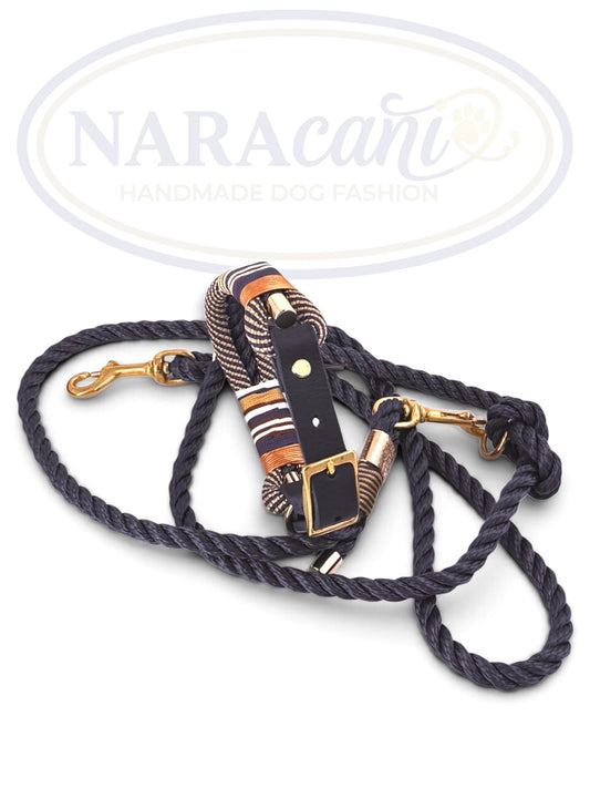 Set aus Paracord-Halsband Navy-Gold und Multifunktionsleine Marine, Gesamtansicht