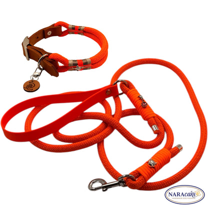 Set aus Paracord-Halsband Neonorange-Cognac und Biothane-Handschlaufenleine, Gesamtansicht