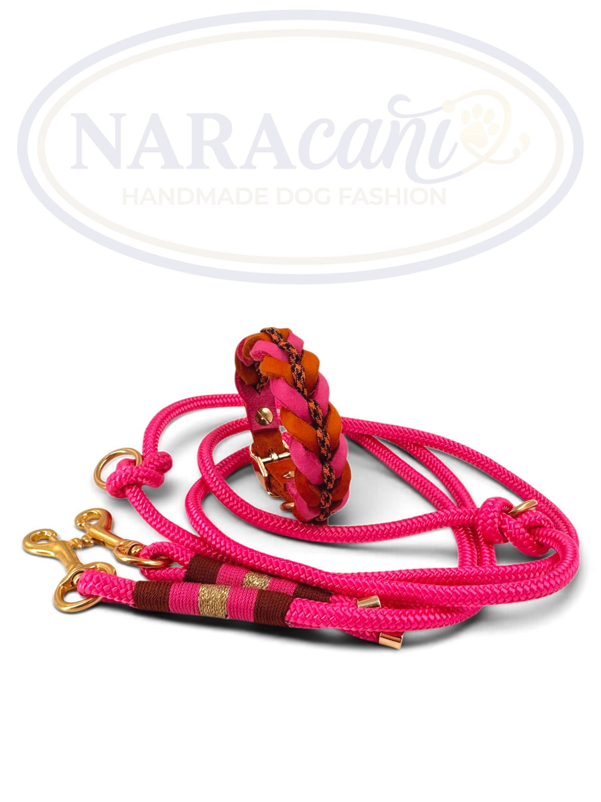 Fettleder-Halsband und Multifunktionsleine in Pink und Cognac, weitere Ansicht