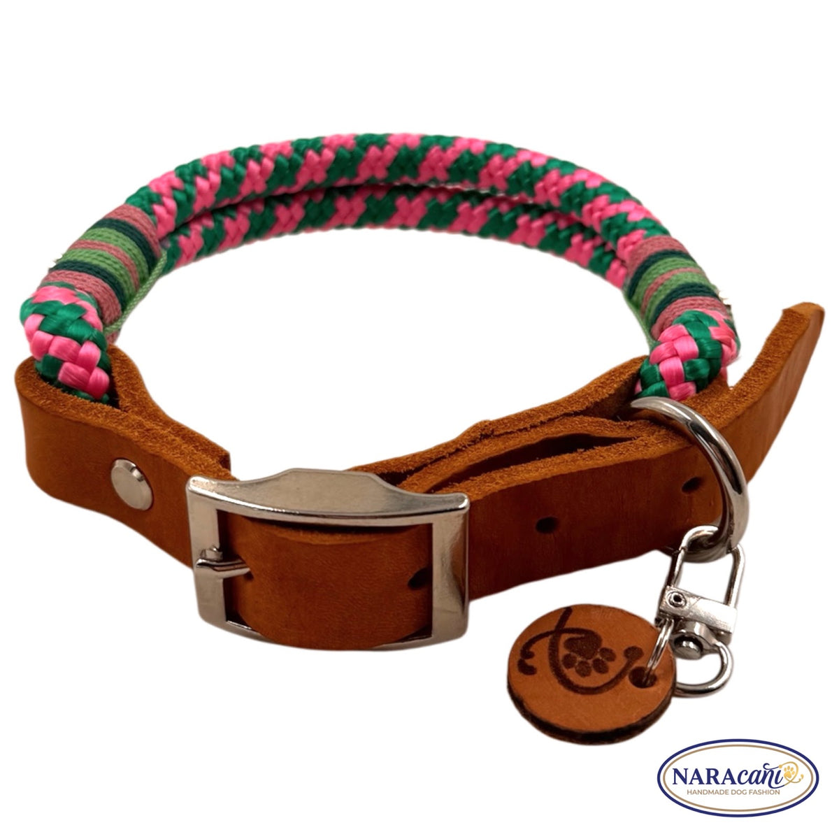 Sparset Fettleder Cognac Neon-Rosa Ice-Minz Halsband NARAcani