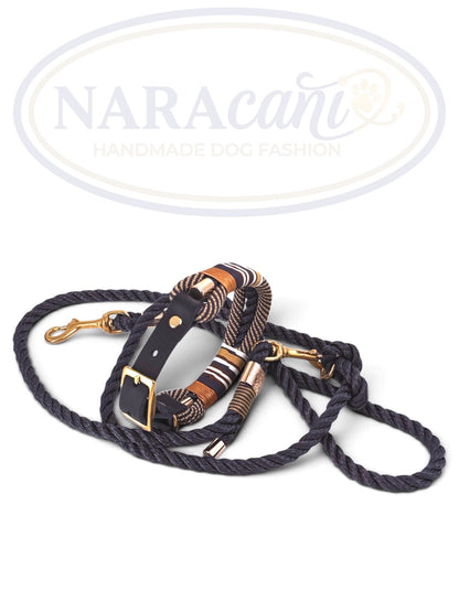 Halsband Navy-Gold und Leine in Marineblau nebeneinander, goldfarbene Beschläge