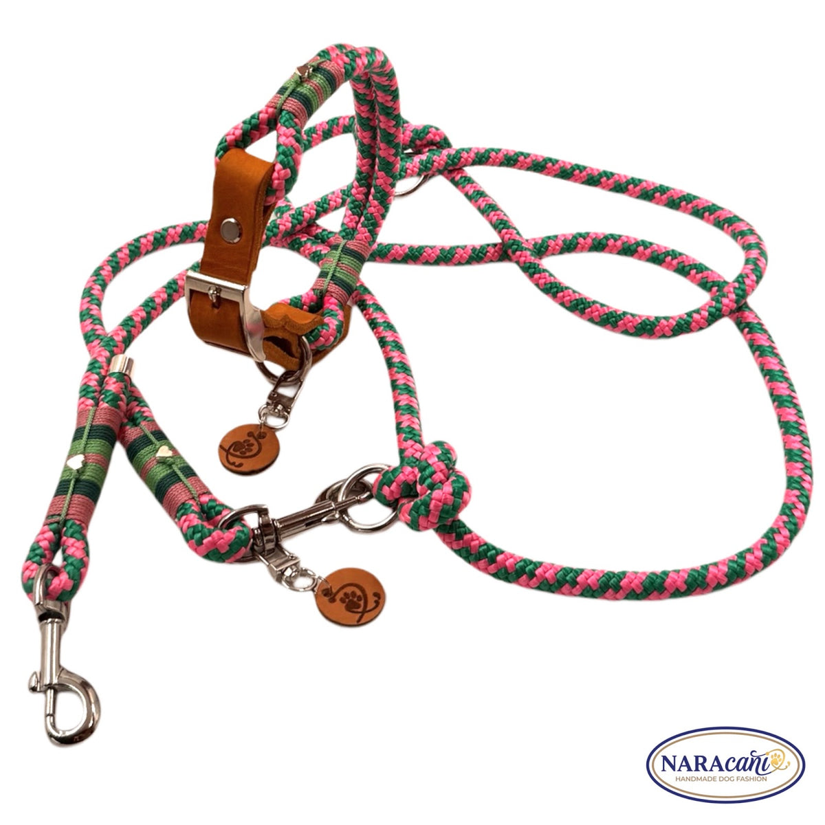 Sparset Fettleder Cognac Neon-Rosa Ice-Minz Halsband NARAcani