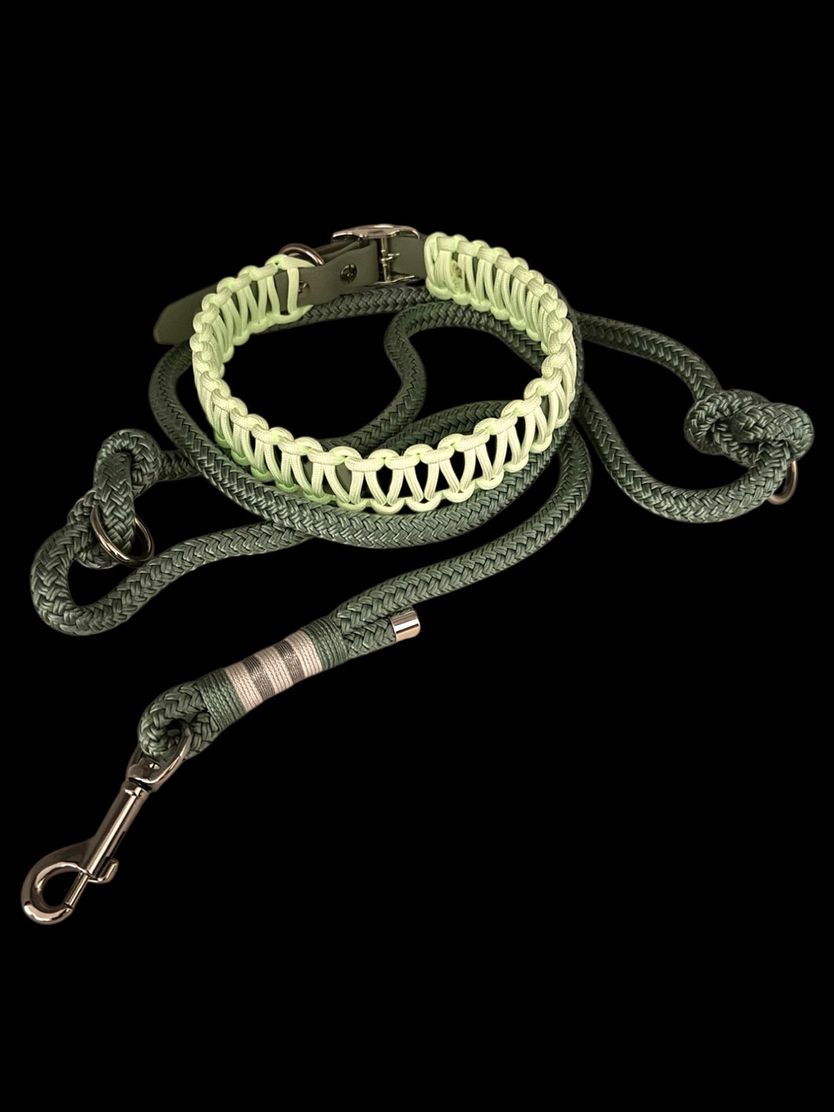Sparset Seegras aus Halsband und Leine, silberfarbene Beschläge im Detail