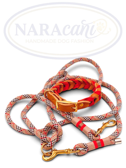 Set aus Fettleder-Halsband Camel-Rot und Multifunktionsleine Tartan Beige, Gesamtansicht