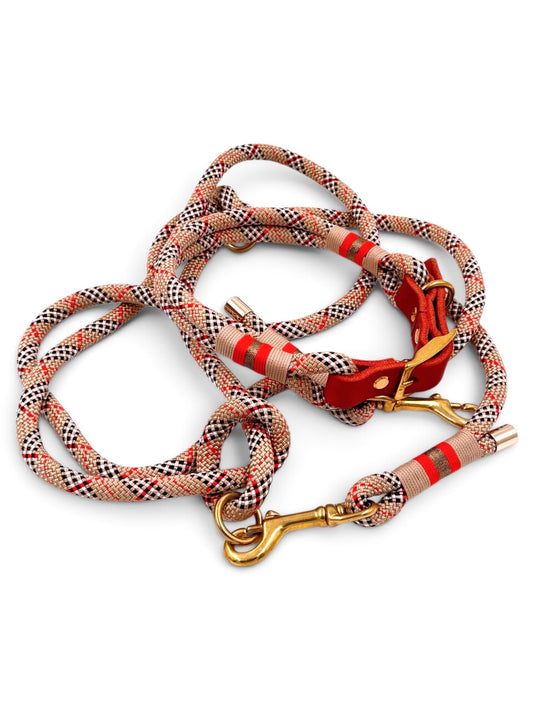 Set aus Paracord-Halsband Tartan Beige und passender Multifunktionsleine, Gesamtansicht
