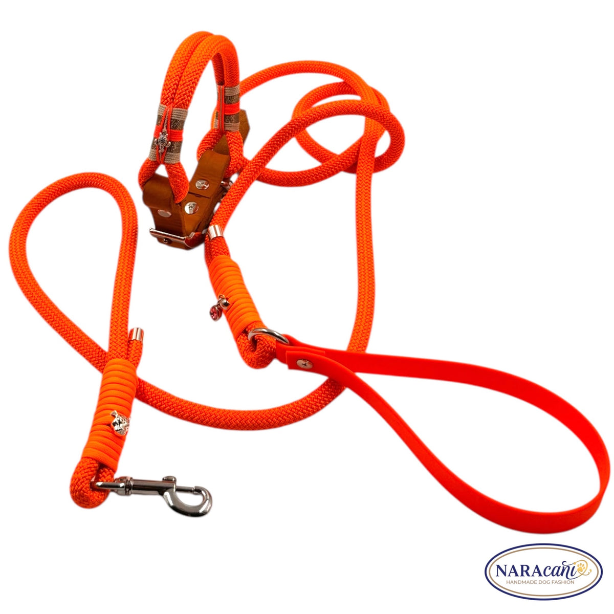 Sparset Neonorange-Cognac aus Halsband und Leine, Takelung im Detail