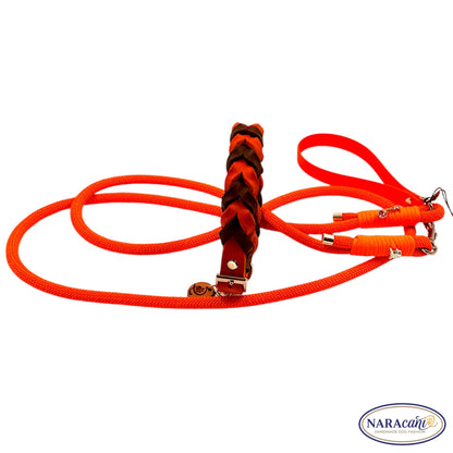 Fettleder-Halsband Dunkelbraun-Orange und neonorange Biothane-Leine nebeneinander