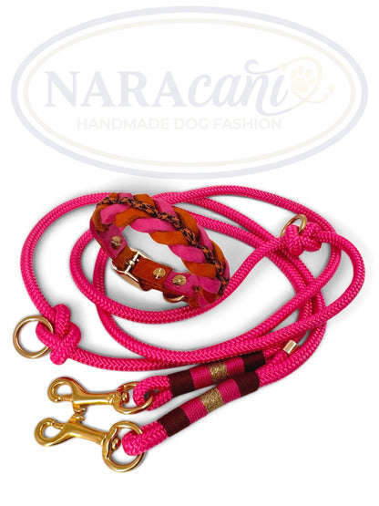 Halsband Pink-Cognac und Leine in Fuchsia nebeneinander, goldfarbene Beschläge