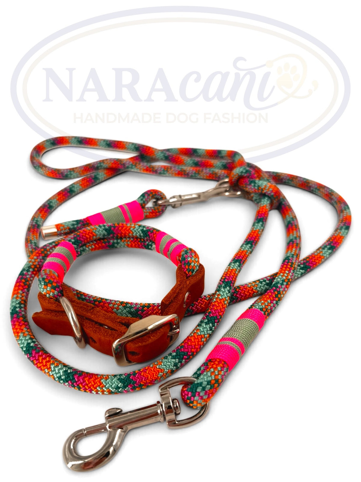 Set aus Bohemian-Paracord-Halsband mit Cognac-Leder und Multifunktionsleine, Gesamtansicht