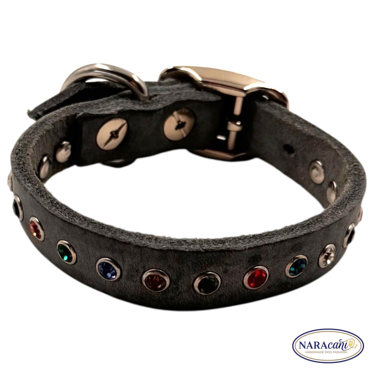 Sparset Hund Fettleder Grau Strass-Nieten 🐾 Halsband & Leine im Set 🐾 Teilweise Geflochten, Bunte Kristalle 🐾 NARAcani Handmade