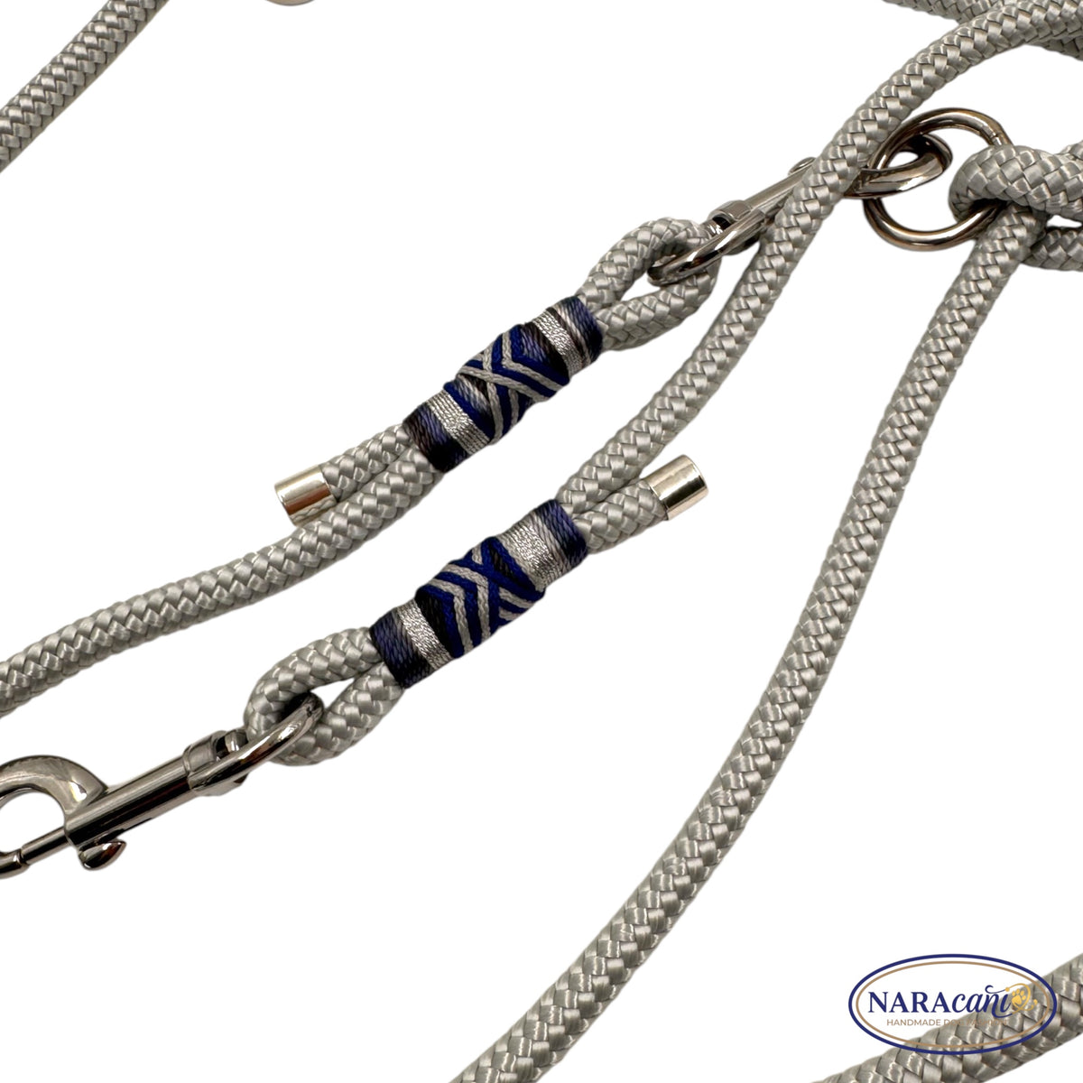 Sparset Hund Fettleder Grau Strass-Nieten 🐾 Halsband & Multifunktionsleine im Set 🐾 Silbergrau Herz-Takelung 🐾 NARAcani Handmade