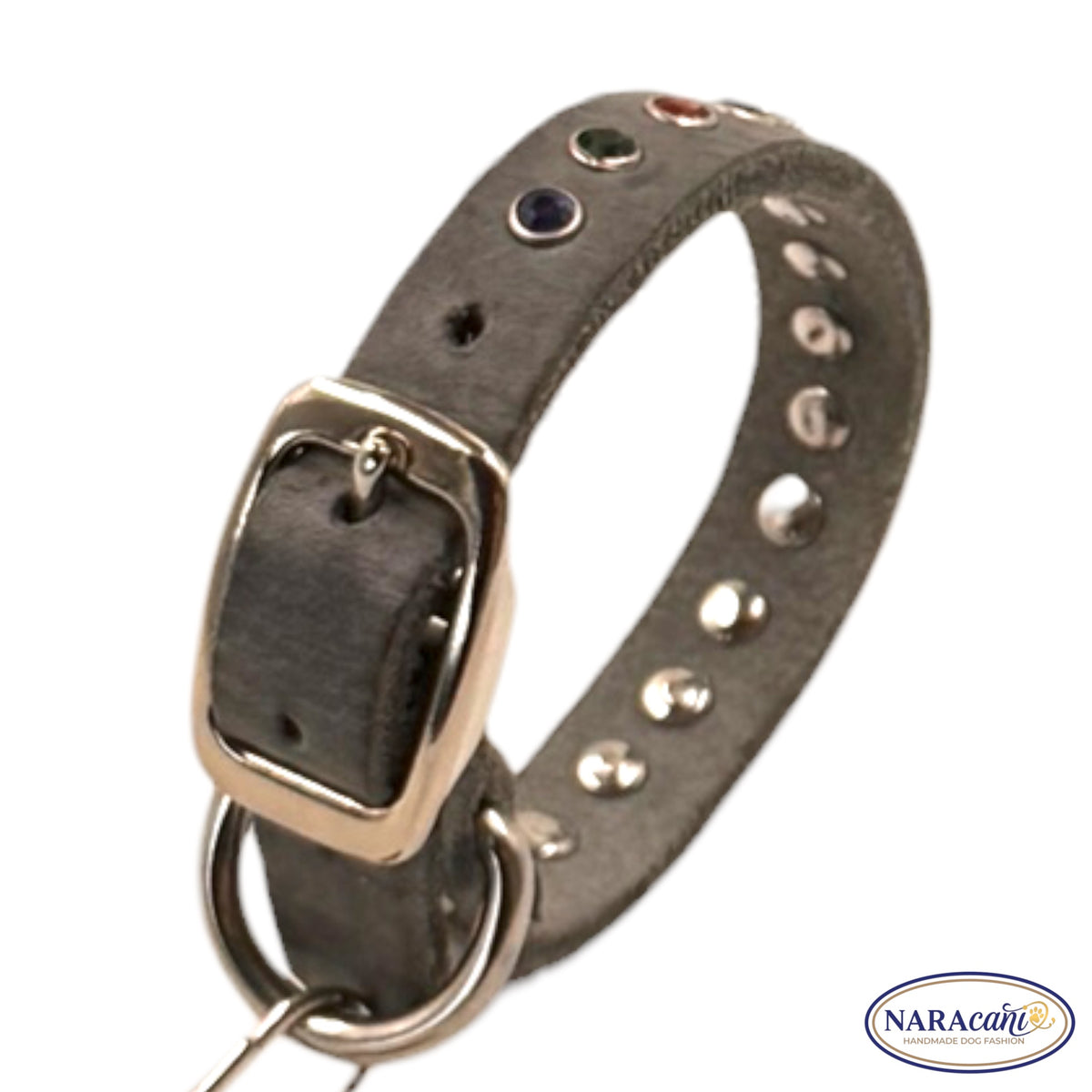 Sparset Hund Fettleder Grau Strass-Nieten 🐾 Halsband & Multifunktionsleine im Set 🐾 Silbergrau Herz-Takelung 🐾 NARAcani Handmade