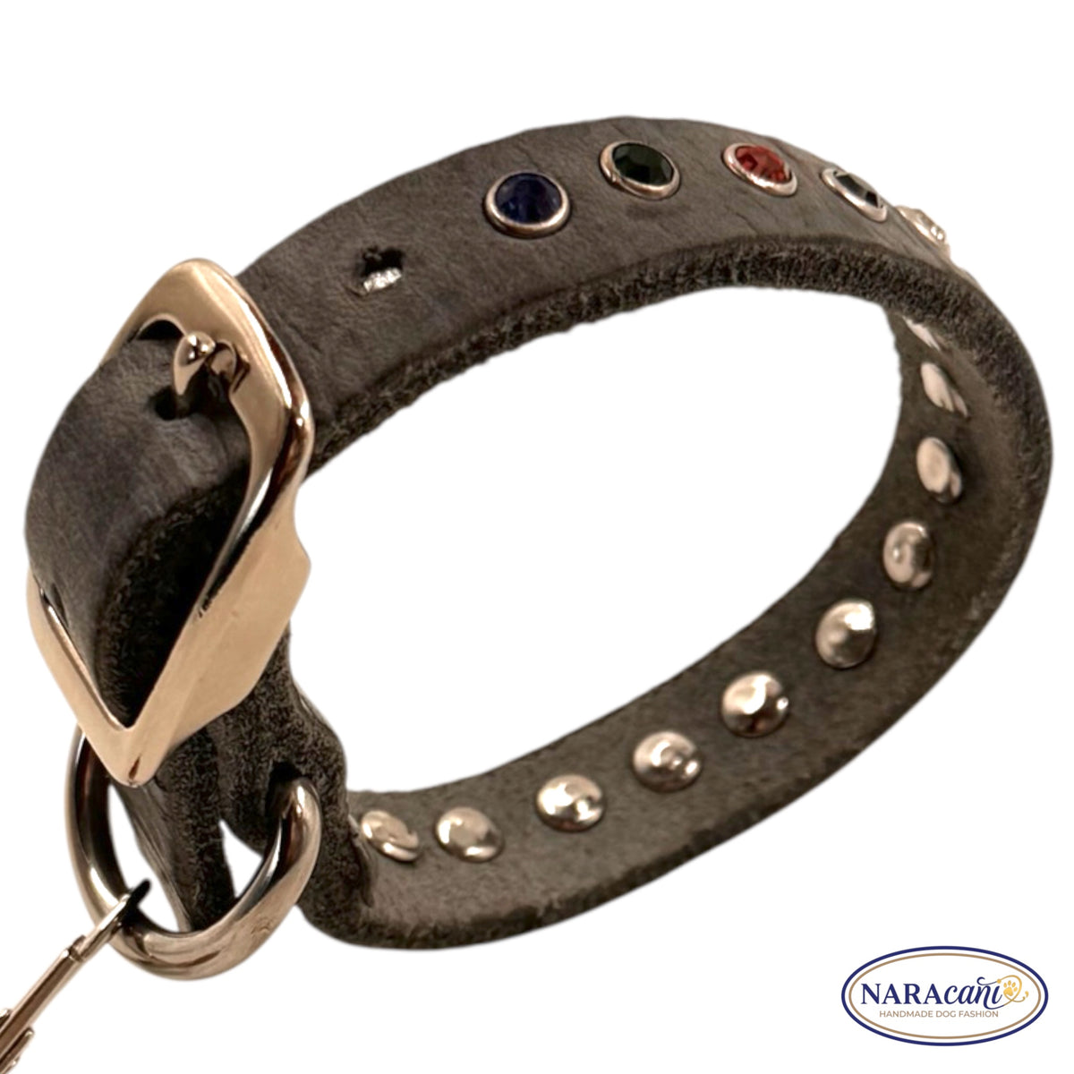 Sparset Hund Fettleder Grau Strass-Nieten 🐾 Halsband & Multifunktionsleine im Set 🐾 Silbergrau Herz-Takelung 🐾 NARAcani Handmade