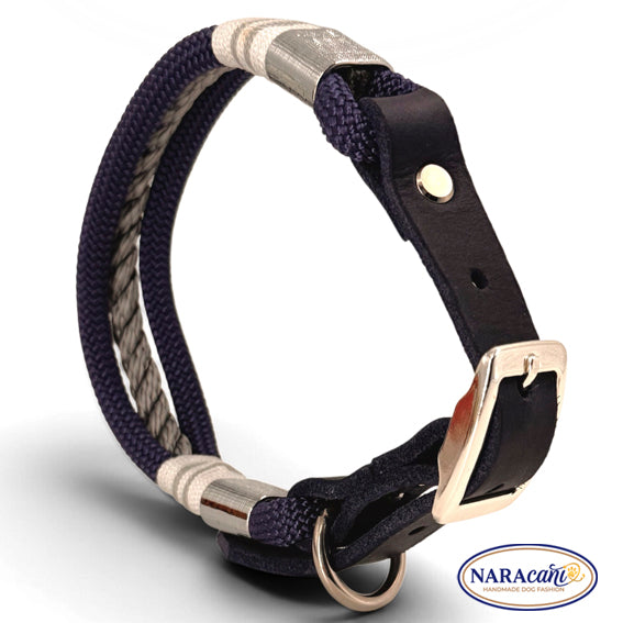 Hundehalsband aus Paracord in Marineblau und Silbergrau mit Fettleder-Adapter, Gesamtansicht