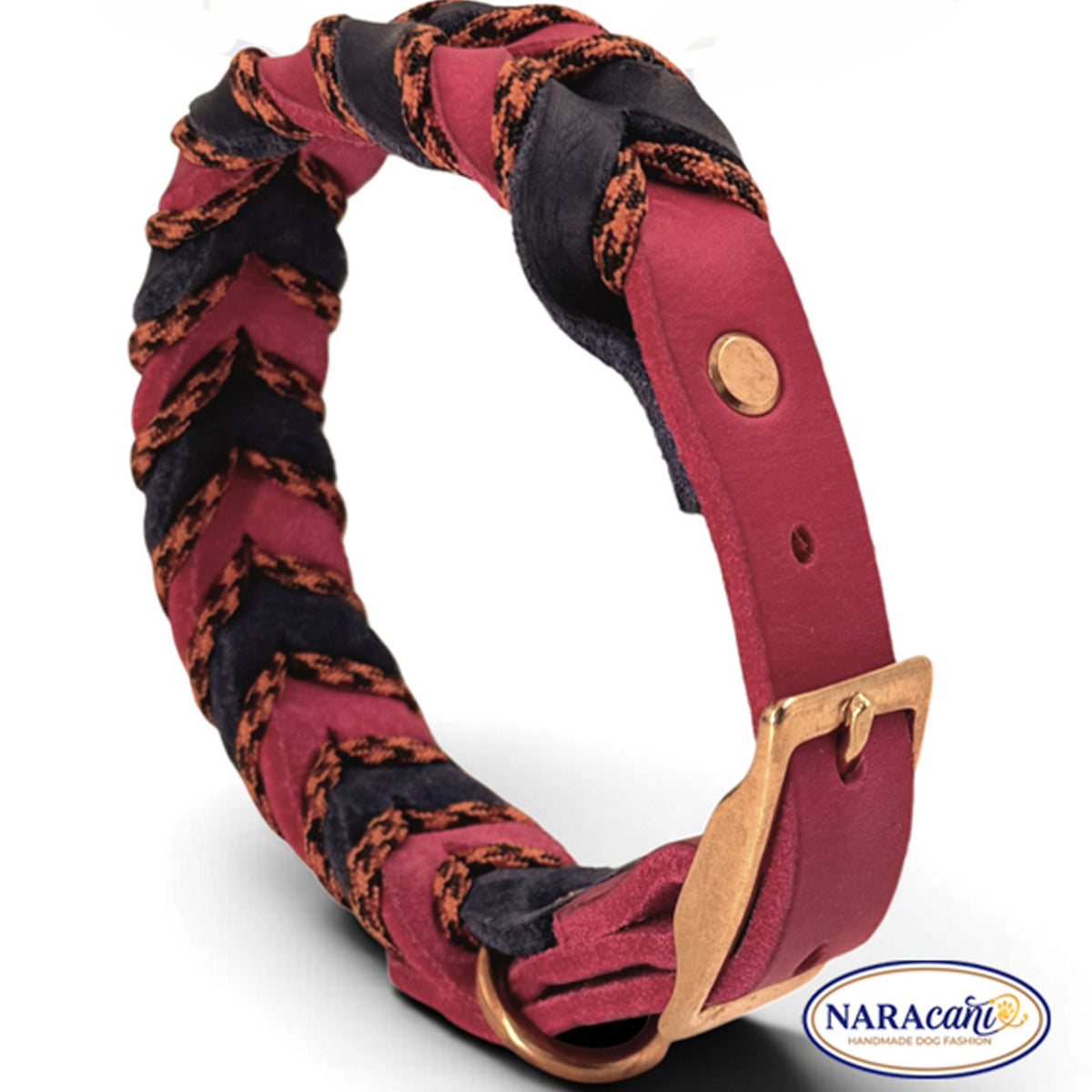 Hundehalsband aus Fettleder in Pink und Marineblau, in sich geflochten, Gesamtansicht