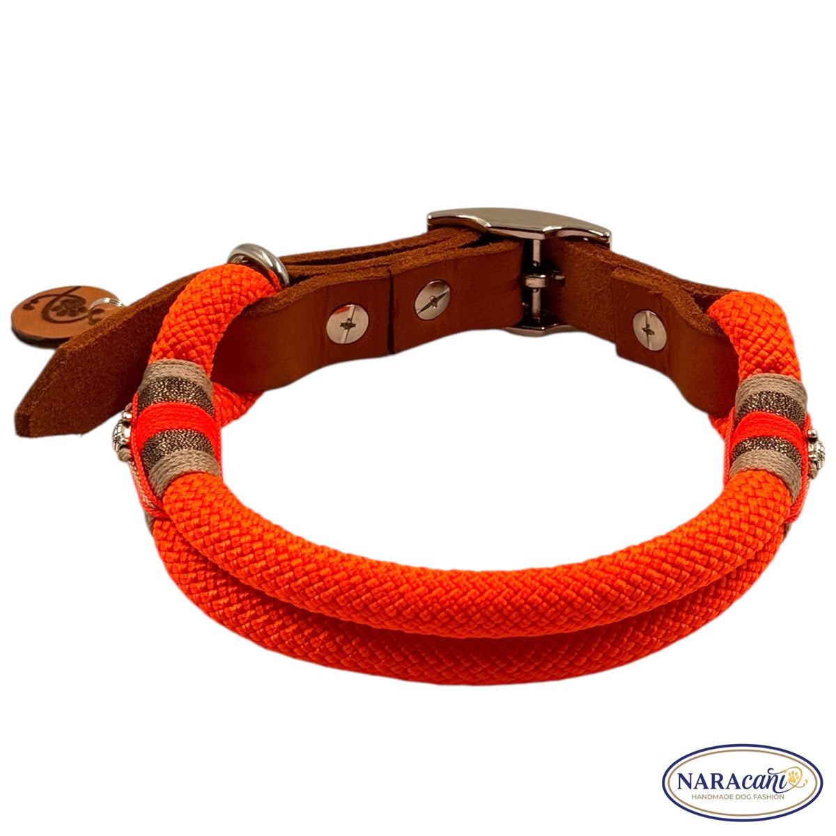 Hundehalsband Paracord Neonorange-Cognac, in voller Länge ausgelegt