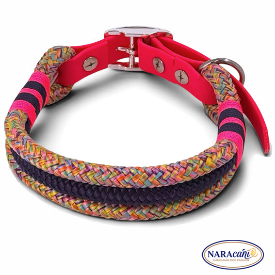Takelung in Neonpink und Marineblau am Rainbow-Halsband im Detail