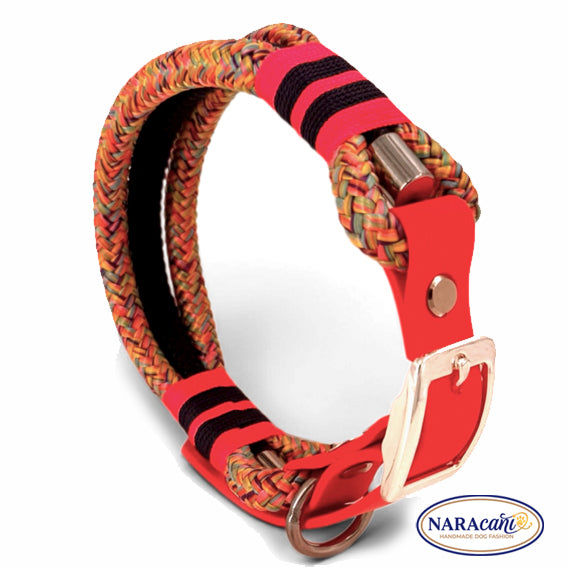 Hundehalsband aus buntem Rainbow-Paracord und Marineblau mit Biothane-Adapter, Gesamtansicht