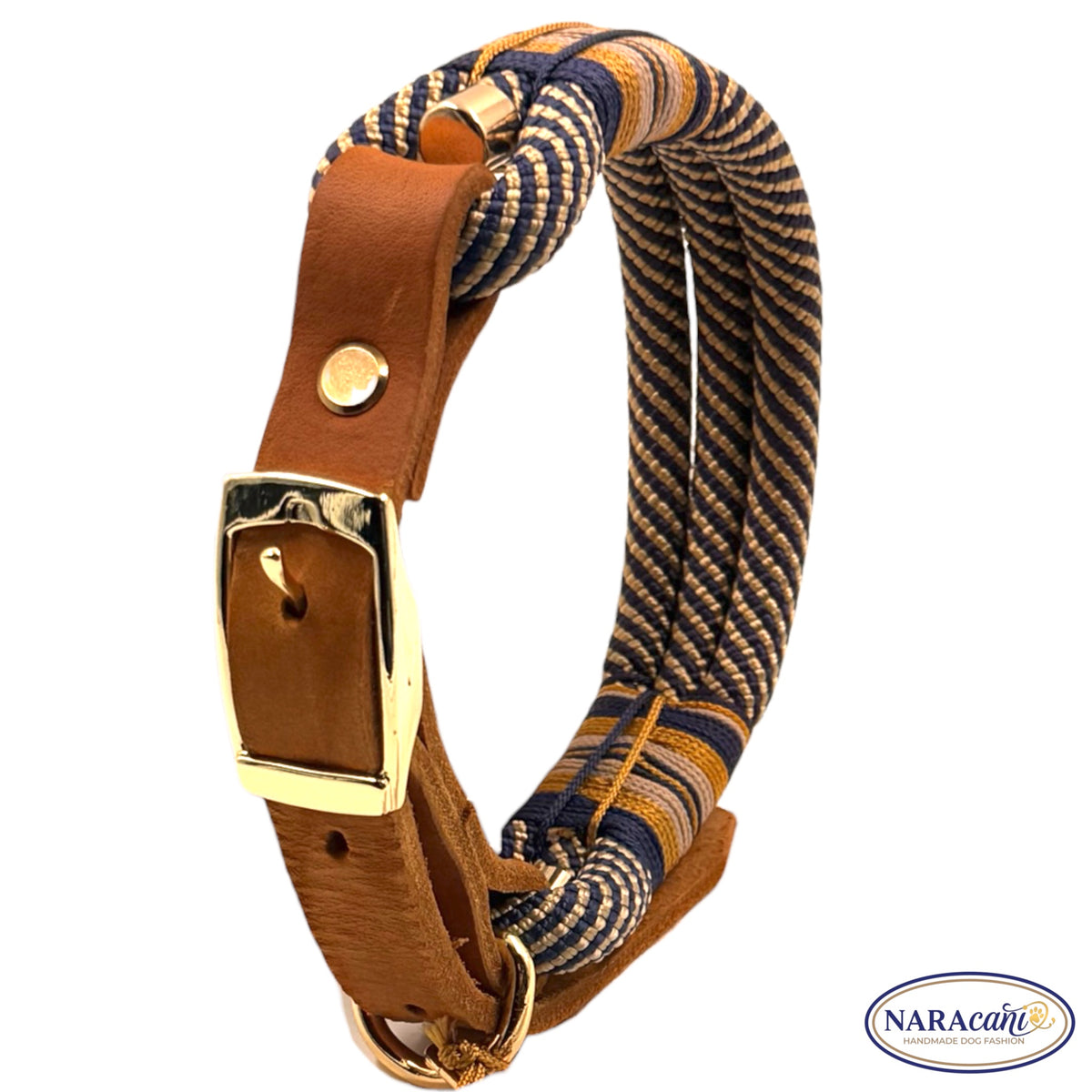 Spiralkordel aus Navy, Sand und Gold am Paracord-Halsband, Nahaufnahme