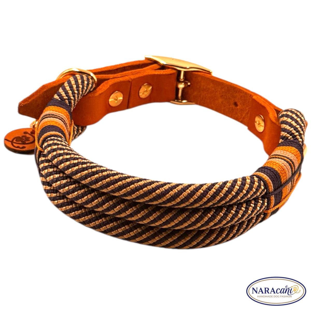 Cognac-Lederadapter mit Schnalle am Halsband Marine-Gold, Detailansicht