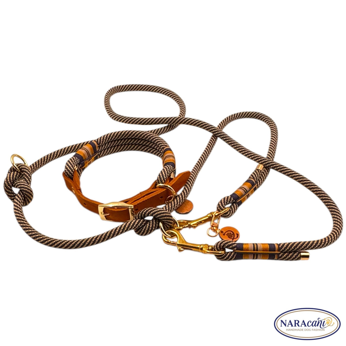 Halsband und Multifunktionsleine in Marine-Gold nebeneinander, Spiralkordel sichtbar