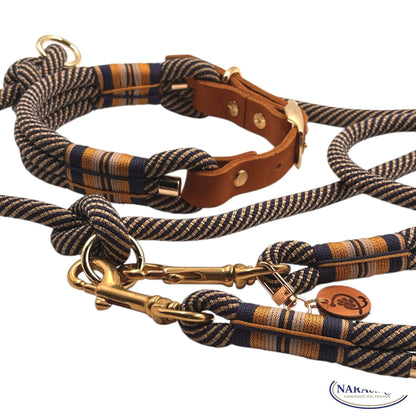 Sparset Marine-Gold aus Halsband und Leine, goldfarbene Beschläge im Detail