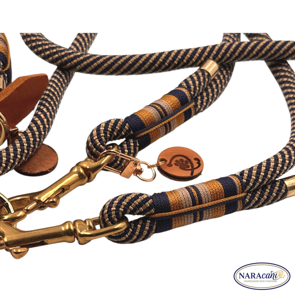 Multifunktionsleine und Halsband Marine-Gold nebeneinander, Spiralkordel im Detail
