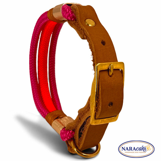 Hundehalsband aus Paracord in Pink und Neonorange mit Leder-Adapter in Cognac, Gesamtansicht