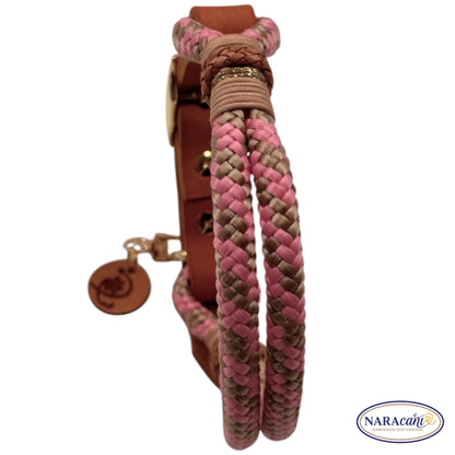 Hundehalsband Fettleder Cognac Paracord Tompouce 🐾 Rosa-Beige, Gold-Dornschließe & Glitzer-Takelung 🐾 Classic & Elegant 🐾 NARAcani