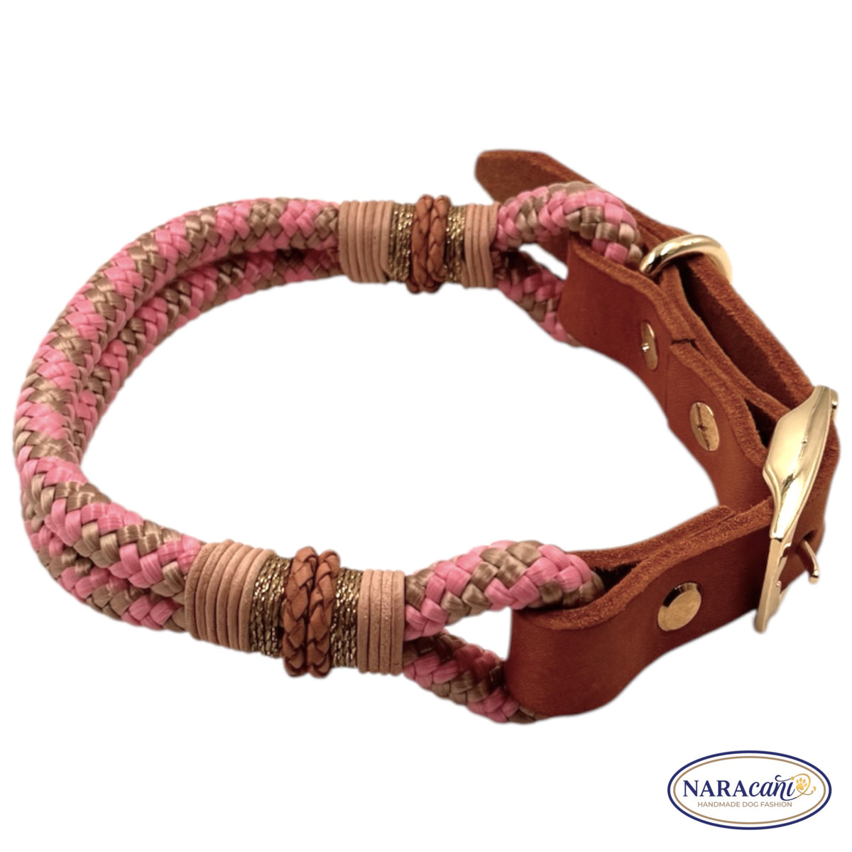 Hundehalsband Fettleder Cognac Paracord Tompouce 🐾 Rosa-Beige, Gold-Dornschließe & Glitzer-Takelung 🐾 Classic & Elegant 🐾 NARAcani