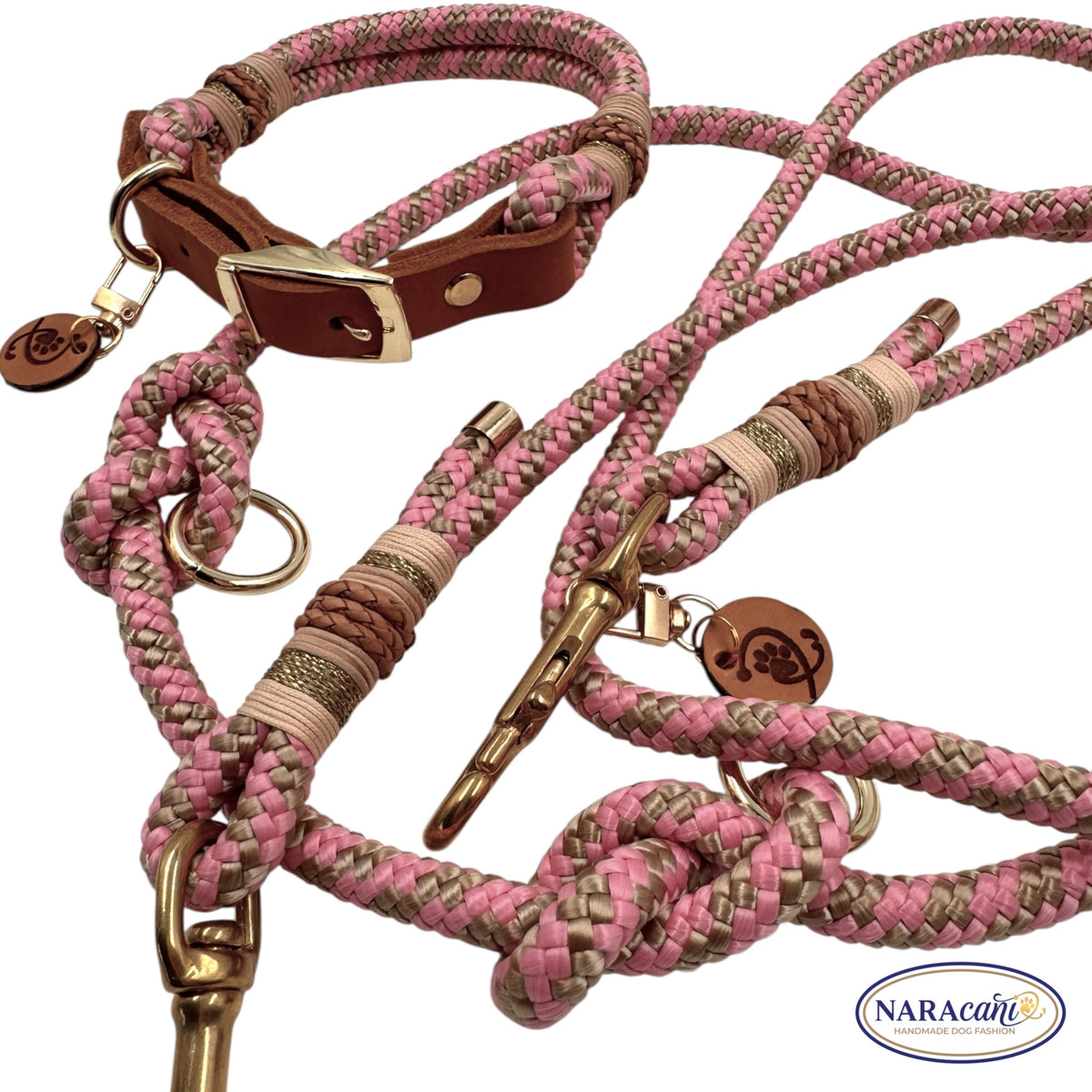 Hundehalsband Fettleder Cognac Paracord Tompouce 🐾 Rosa-Beige, Gold-Dornschließe & Glitzer-Takelung 🐾 Classic & Elegant 🐾 NARAcani