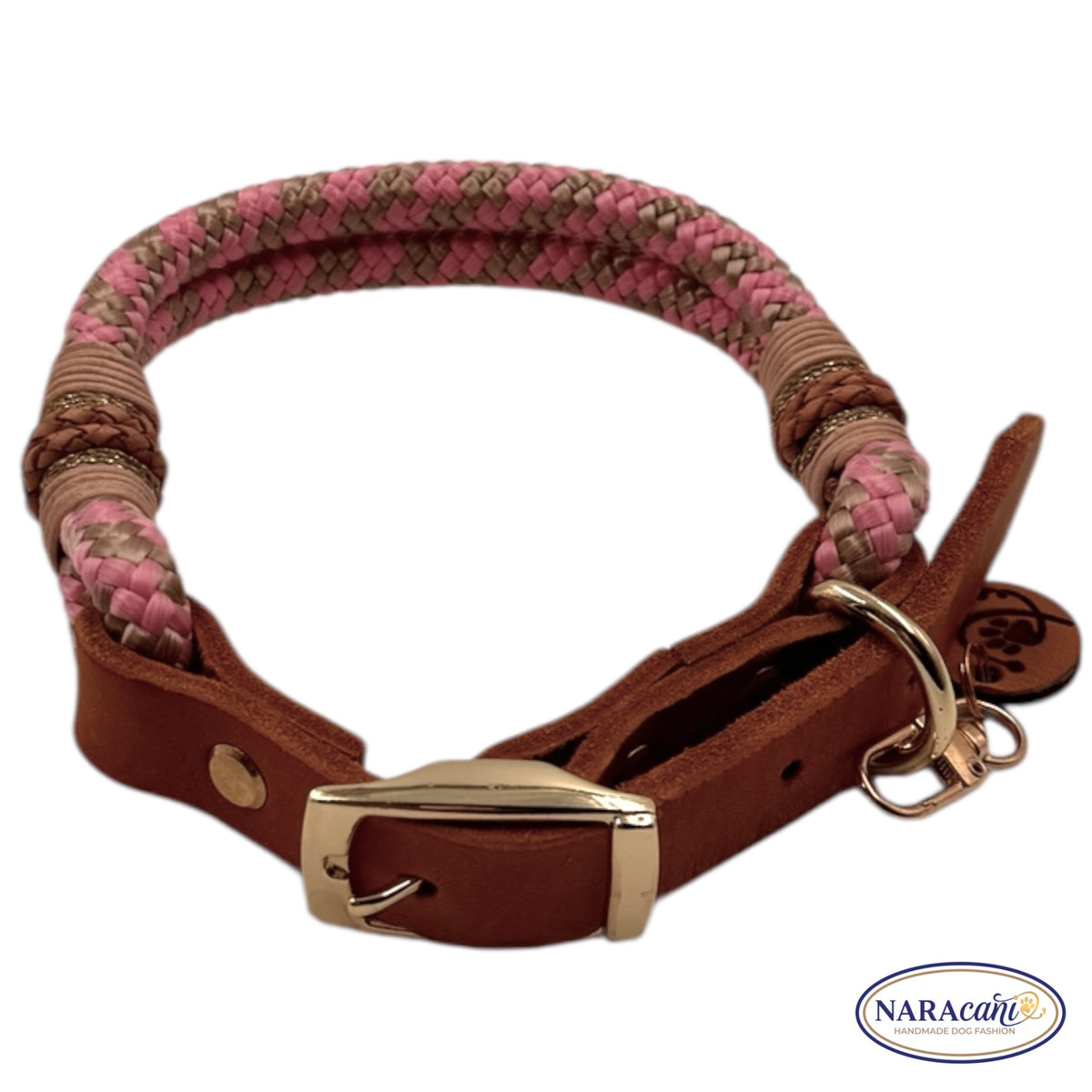 Hundehalsband Fettleder Cognac Paracord Tompouce 🐾 Rosa-Beige, Gold-Dornschließe & Glitzer-Takelung 🐾 Classic & Elegant 🐾 NARAcani